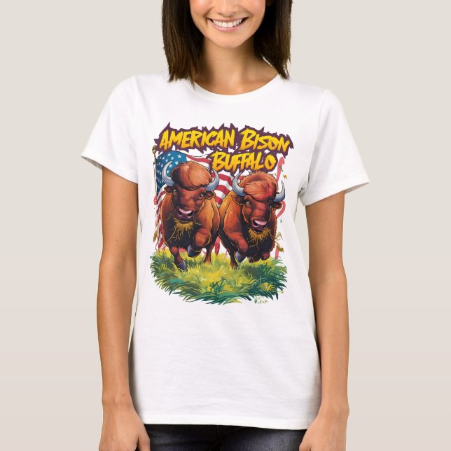Two Bison Standing Before American Flag T-Shirt (Front)