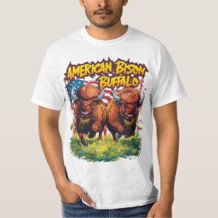 Two Bison Standing Before American Flag T-Shirt