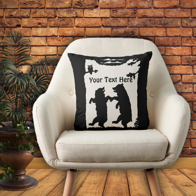 Two Black Bears Dancing Under Trees Owl on White Cushion (Two bears dancing in woods owl in tree in black silhouette on white on throw decorative pillow.)