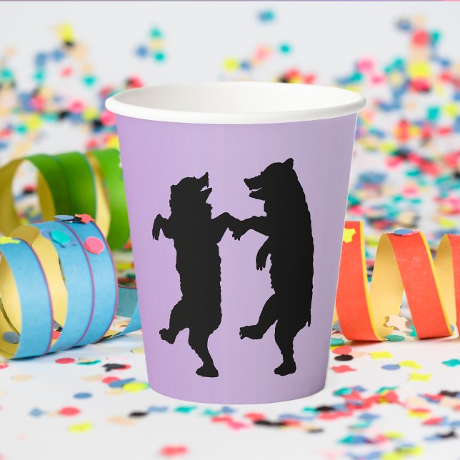 Two Black Bears in silhouette Dancing on Purple Paper Cups (Silhouette of two dancing black bears holding hands on purple paper drink cup.)