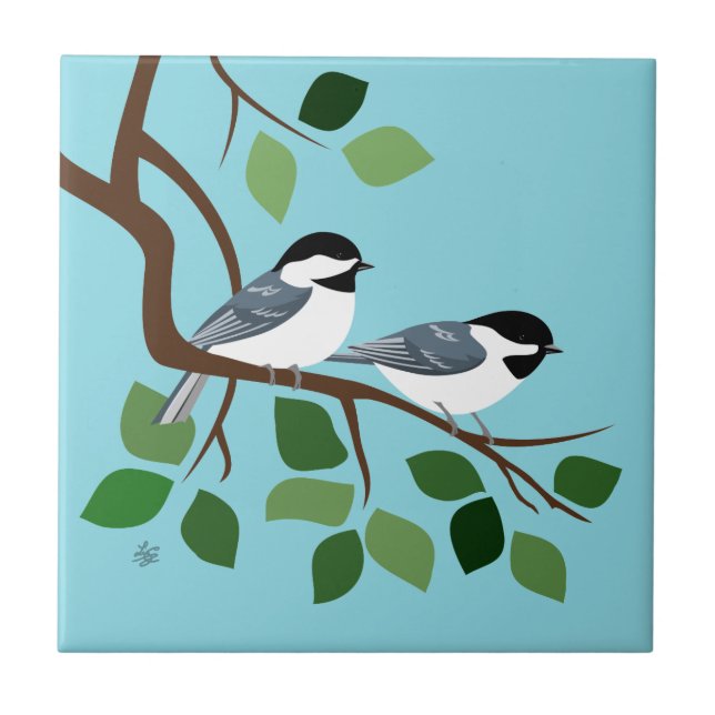 Two Black Capped Chickadees In Tree Ceramic Tile (Front)
