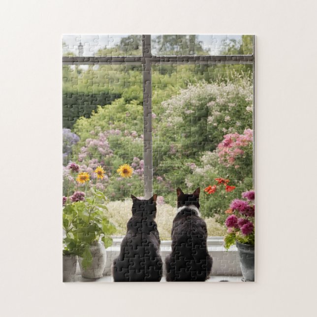 Two Black Cats Flowers Garden Puzzle (Vertical)