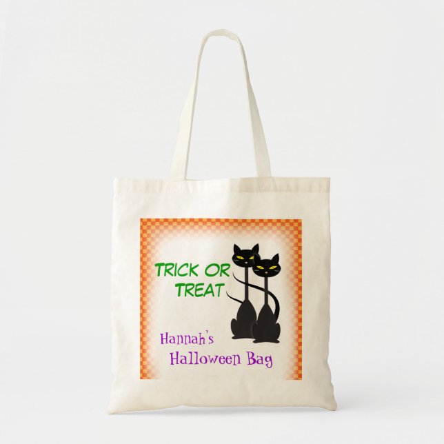 Two Black Cats Personalised Trick or Treat Tote Bag (Front)