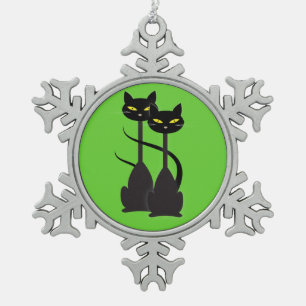 Two Black Cats with Long Necks on Green Snowflake Pewter Christmas Ornament