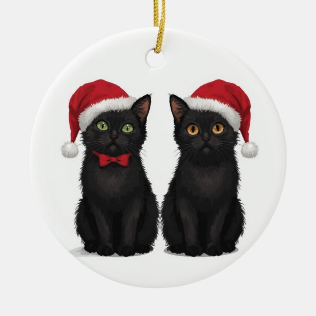 Two Black Kittens Santa Hat Christmas Ceramic Ornament (Front)