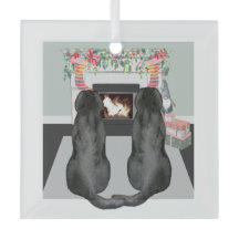 Two Black Labrador Dogs Christmas Fireplace Scene