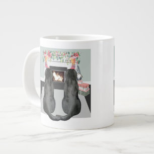 Two Black Labrador Dogs Christmas Fireplace Scene Large Coffee Mug