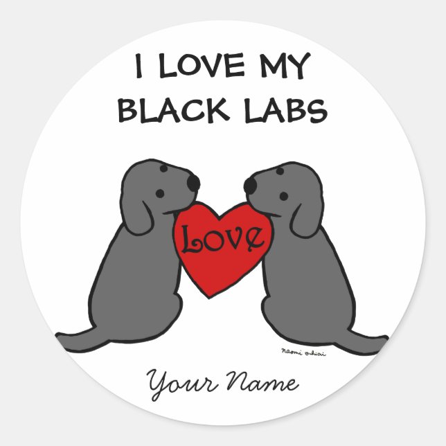 Two Black Labradors with Love Cartoon Classic Round Sticker (Front)