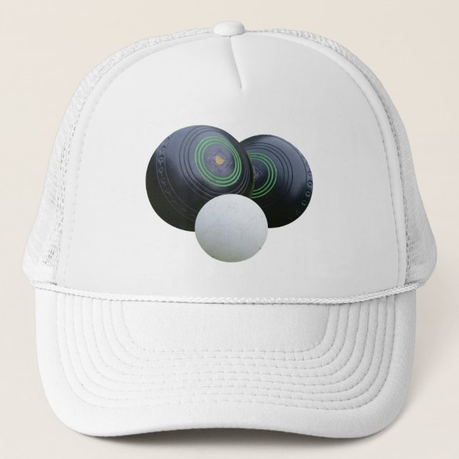 Two Black Lawn Bowls And Jack, Trucker Hat (Front)