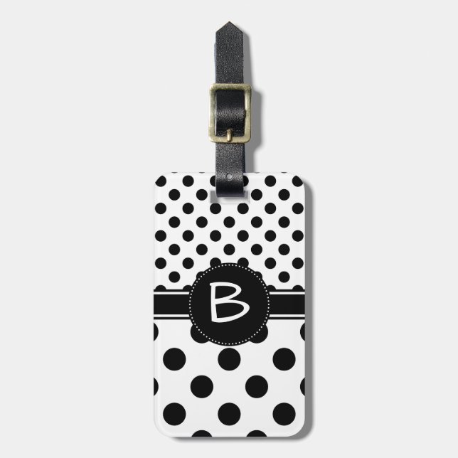 Two Black Polka Dot Patterns Monogram Luggage Tag (Front Vertical)