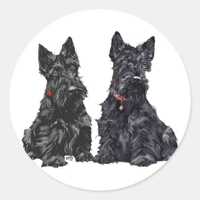 Two Black Scottish Terriers Classic Round Sticker (Front)