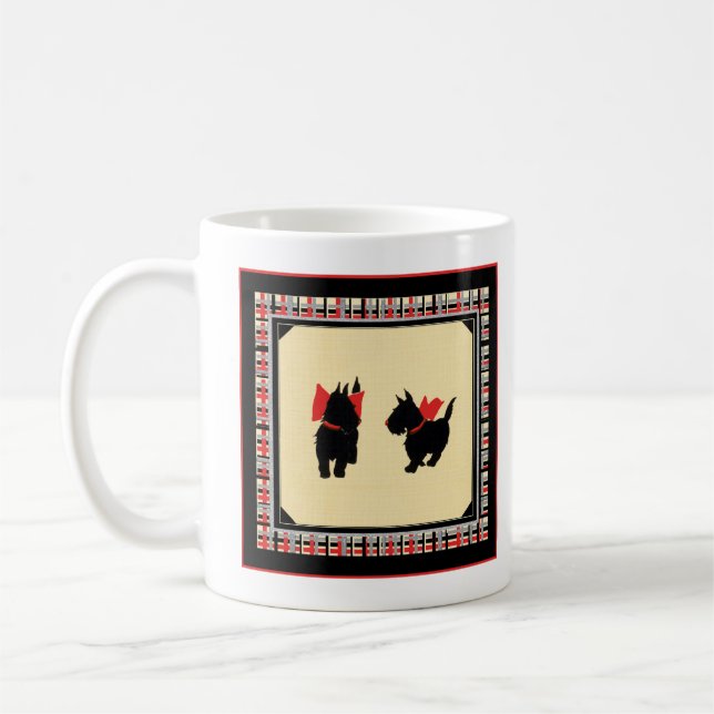 Two Black Scottish Terriers red bows mug (Left)