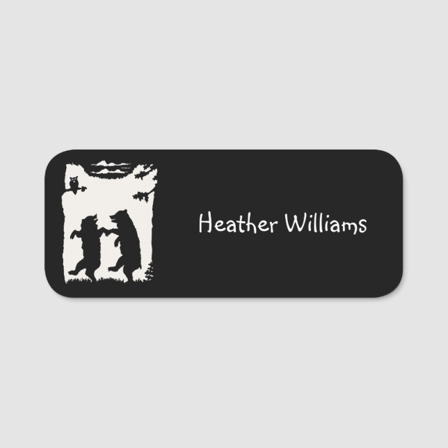 Two Black Silhouette Dancing Bears Trees Owl Cloud Name Tag (Front)