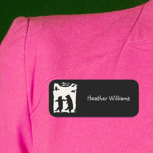 Two Black Silhouette Dancing Bears Trees Owl Cloud Name Tag