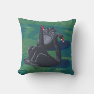 Two Black Swans Swimming Painting Pillows