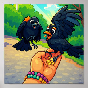 Two blackbirds feeding from hand cartoon poster