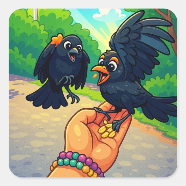 Two blackbirds feeding from hand cartoon square sticker (Front)