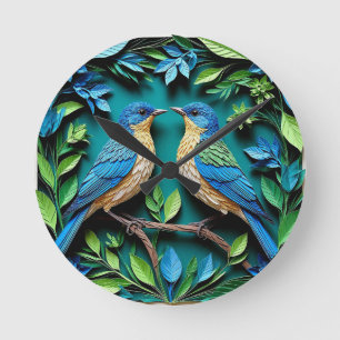 Two Blue and Yellow Birds Round Clock