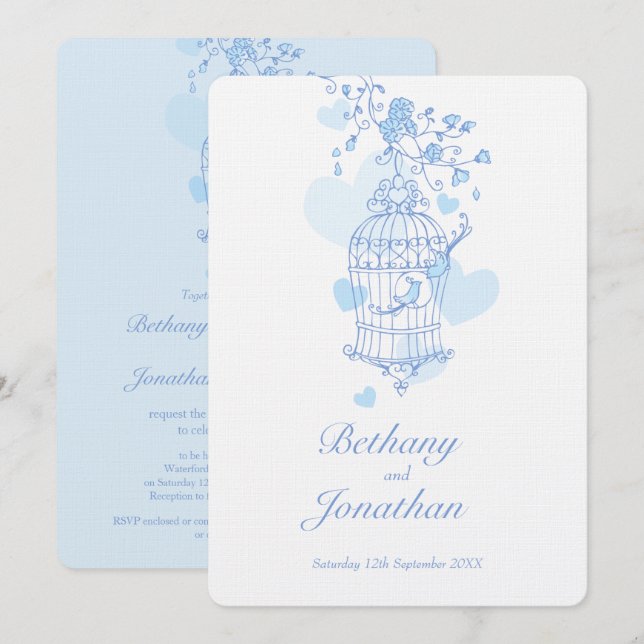 Two blue birds open birdcage wedding invitation (Front/Back)