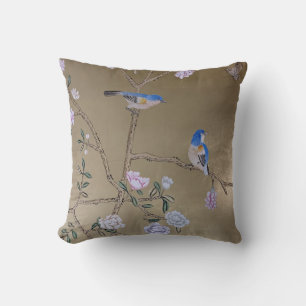 Two Blue Birds & Peony Oriental Botanical Cushion