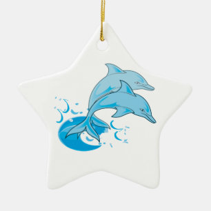 Two Blue Bottlenose Dolphins Jumping Out of Water Ceramic Tree Decoration