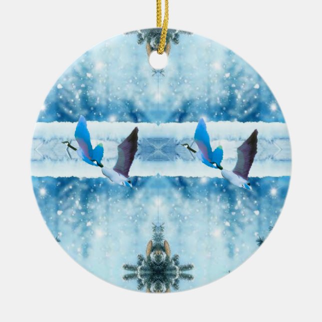 Two Blue Christmas Geese Ceramic Ornament (Front)
