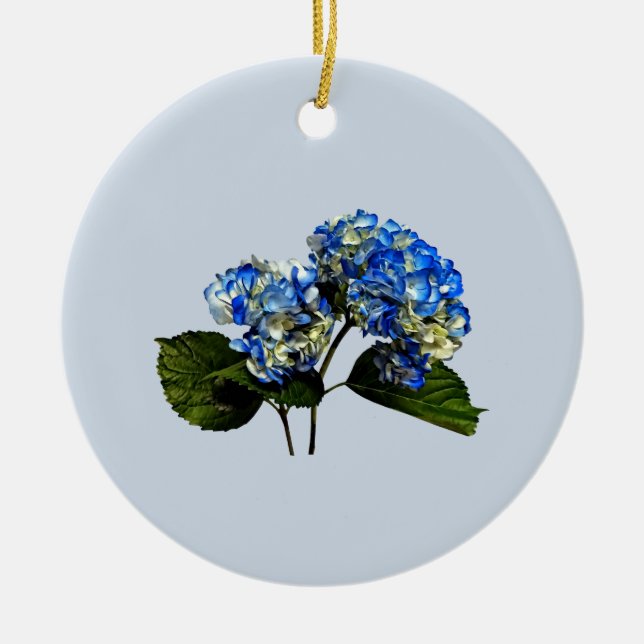 Two Blue Hydrangea With Leaves Ceramic Ornament (Front)