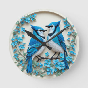 Two Blue Jays Resting on a Branch Round Clock