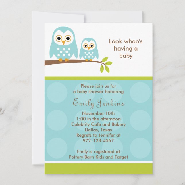 Two Blue Owls Baby Shower Invitations (Front)