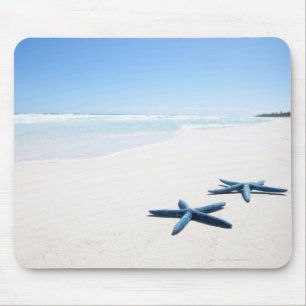 Two blue starfish at water's edge on tropical 2 mouse pad