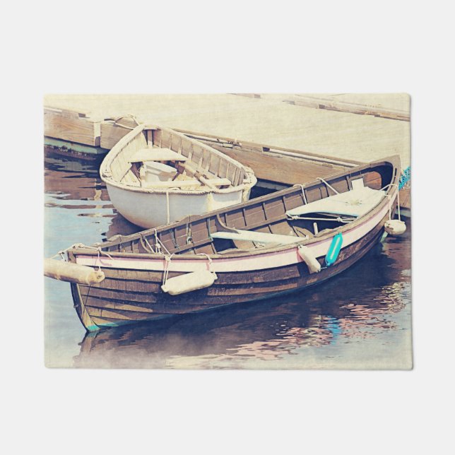 Two Boats in a Harbor Rustic Nautical Doormat (Front)