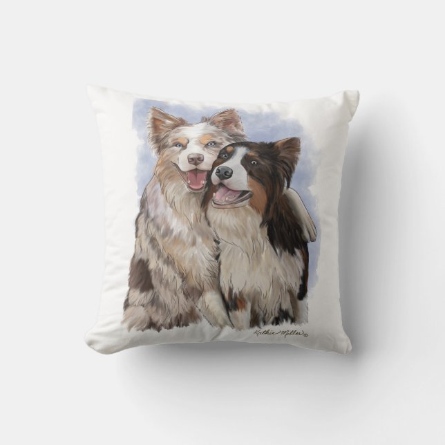 Two Border Collie Buddies cartoon Cushion (Front)