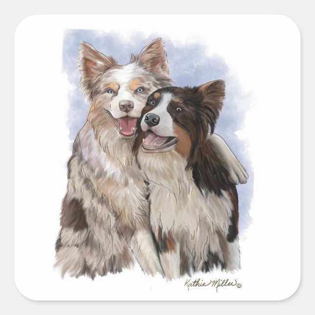 Two Border Collie Buddies cartoon Square Sticker (Front)