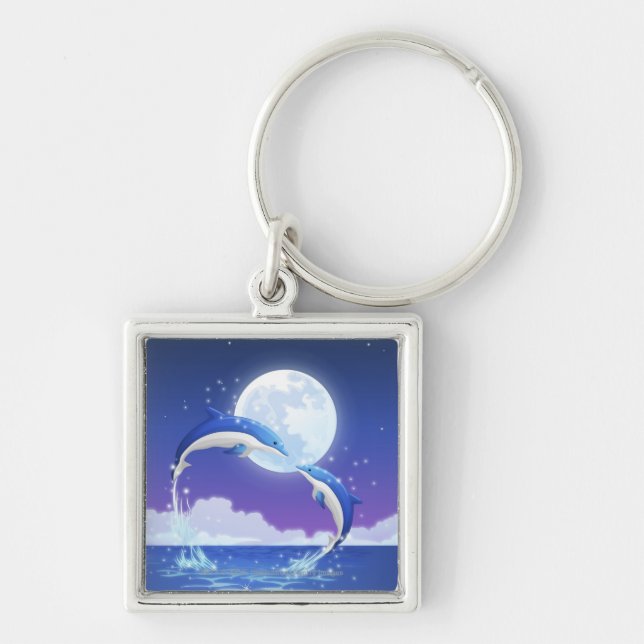 Two bottle-nosed dolphins jumping out of water key ring (Front)