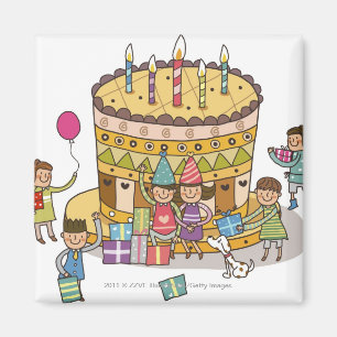 Two boys and three girls in a birthday party magnet