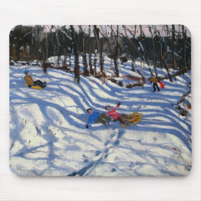 Two boys falling off a sledge Morzine Mouse Pad (Front)