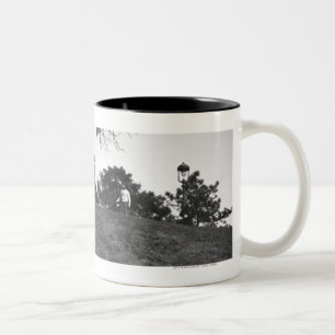 Two boys flying kite on hill B&W Two-Tone Coffee Mug