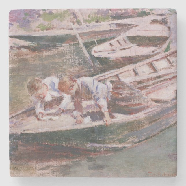 Two Boys in a Boat (by Theodore Robinson) Stone Coaster (Front)