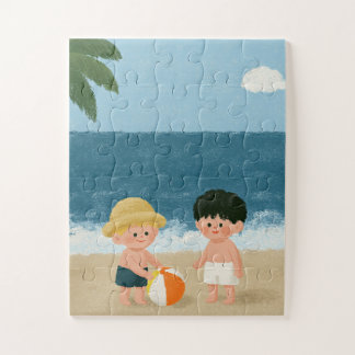 Two Boys Playing Beach Ball at the Ocean Jigsaw Puzzle