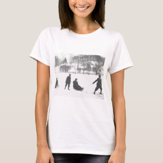 Two Boys Pulling Two Girls on Sleds T-Shirt