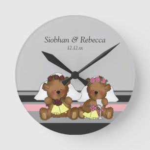 Two Bride Teddy Bears Round Clock