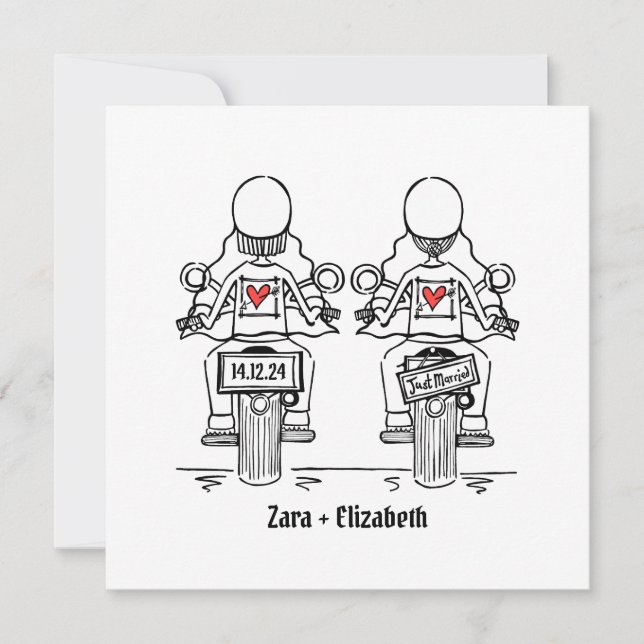 Two Brides Biker Motorcycle Evening Wedding Invitation (Front)