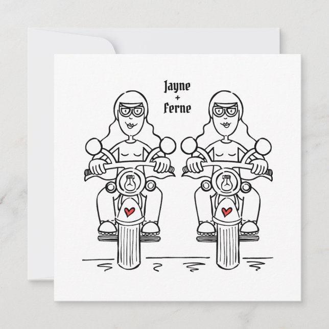 Two Brides Biker Motorcycle Lesbian Wedding Invitation (Front)