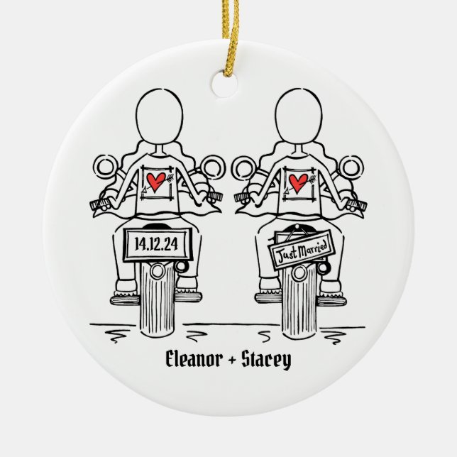 Two Brides Biker Motorcycle Wedding Ceramic Ornament (Front)