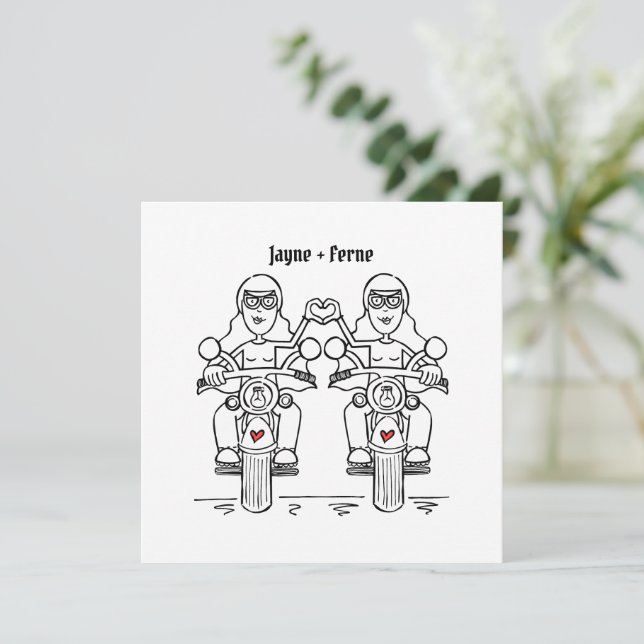 Two Brides Biker Motorcycle Wedding Invitation (Standing Front)