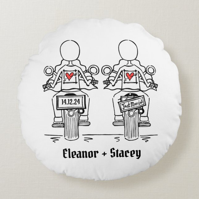 Two Brides Biker Motorcycle Wedding Round Cushion (Front)