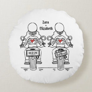 Two Brides Biker Motorcycle Wedding Round Cushion