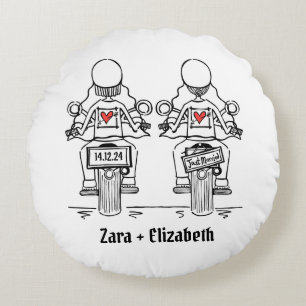 Two Brides Biker Motorcycle Wedding Round Cushion