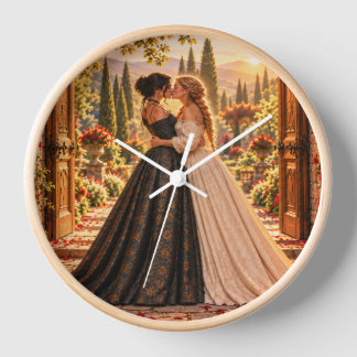 Two Brides Garden Kiss Round Clock