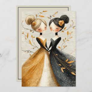 Two Brides Hand Drawn Pencil Illustration   Invitation